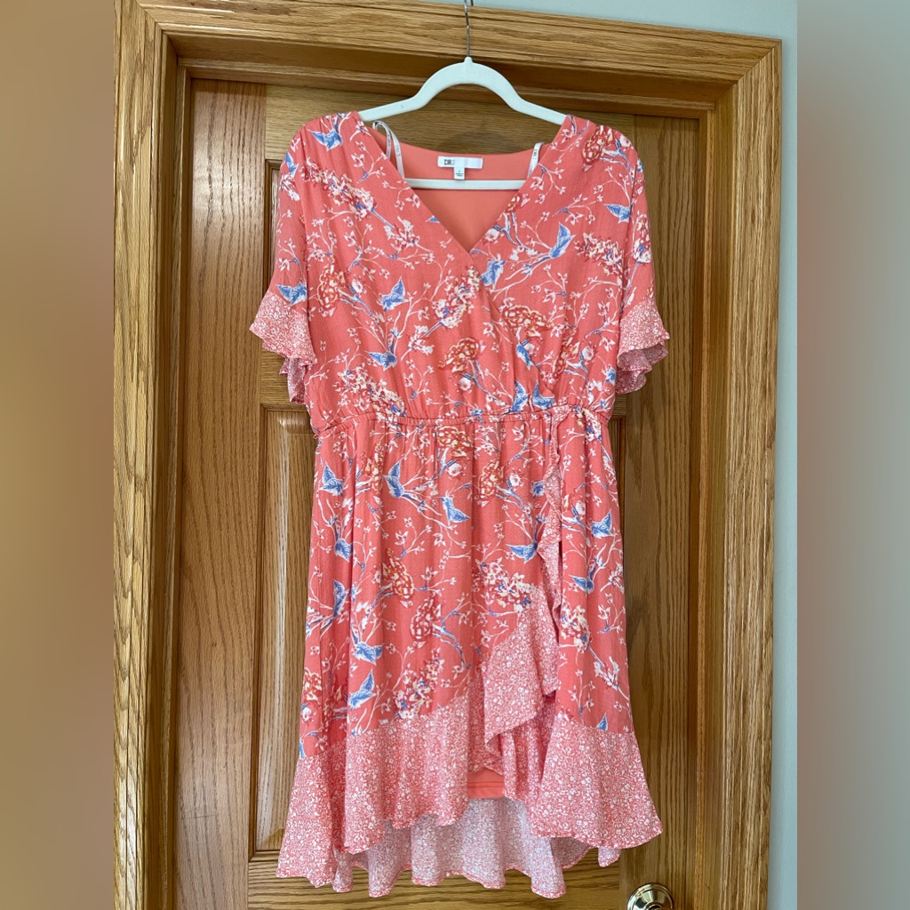 Dr2 Salmon Pink Floral Print Short Flutter Sleeve Faux Wrap Mini Dress Size L
